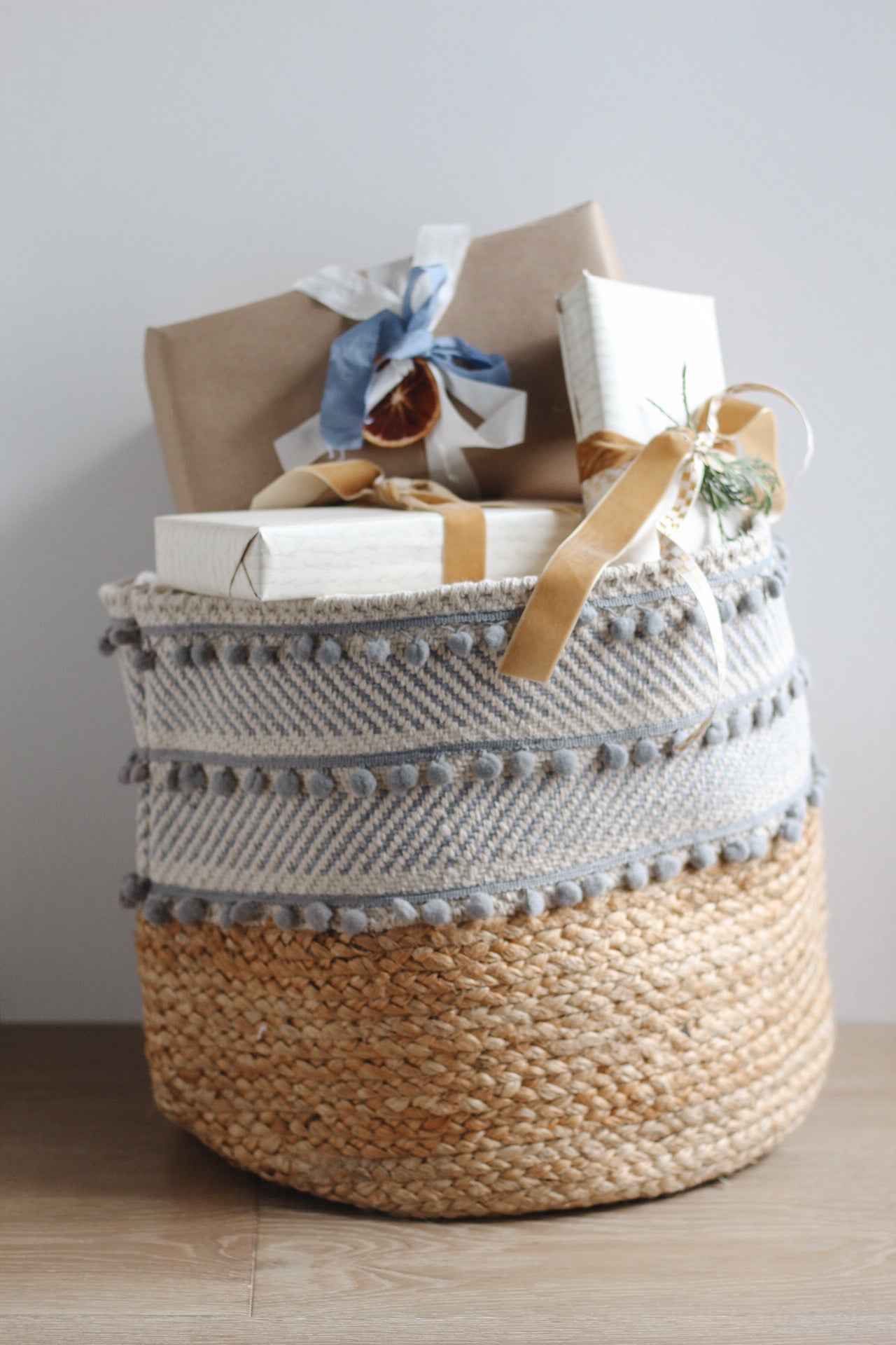 Dove Gray Block Large Cotton Jute Basket